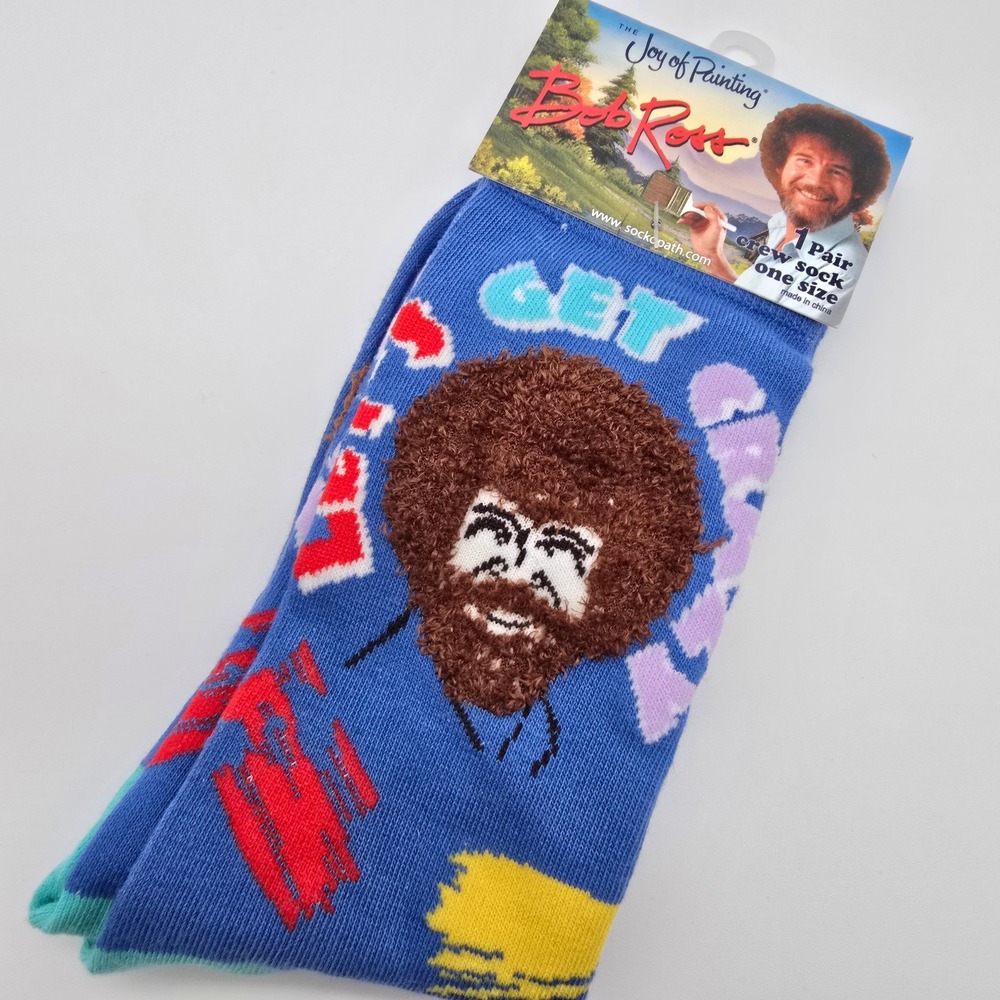 Bob Ross The Joy of Painting Crew Socks Blue Get Creative Fuzzy Hair One Size